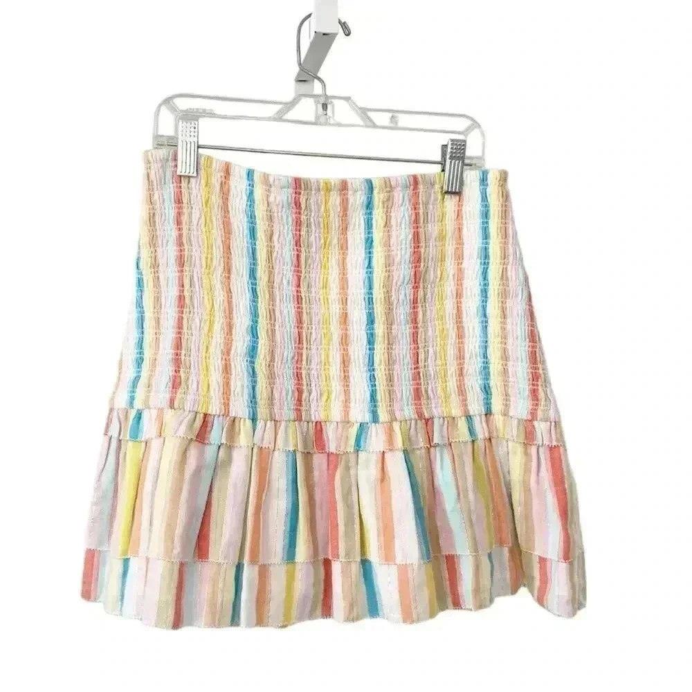 Saylor Zooey Smocked Cotton Rainbow Metallic Stripe Mini Skirt size Medium - Picture 3 of 7